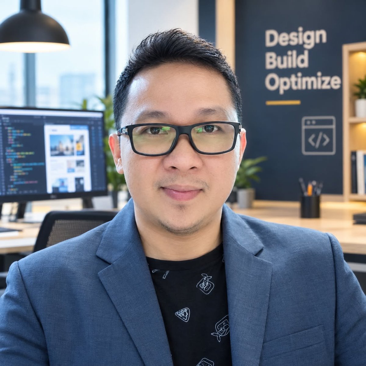 Peter, founder of Tech Designers, in a blue blazer in a modern office